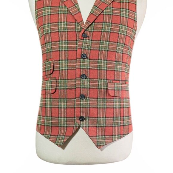 Mens 46R Wool Plaid Vest Brick Red Green Tartan Waistcoat Formal Wedding Party - Picture 4 of 8